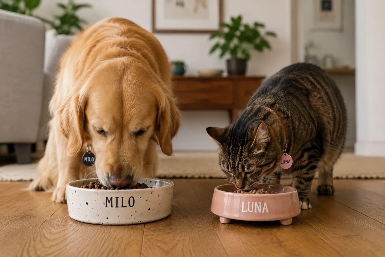 Illustration of dog and cat food bowls
